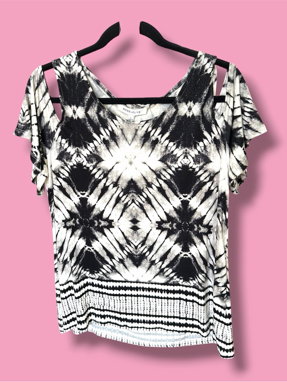 Rose & Olive Cold-Shoulder Tie-Dye Top Black and White